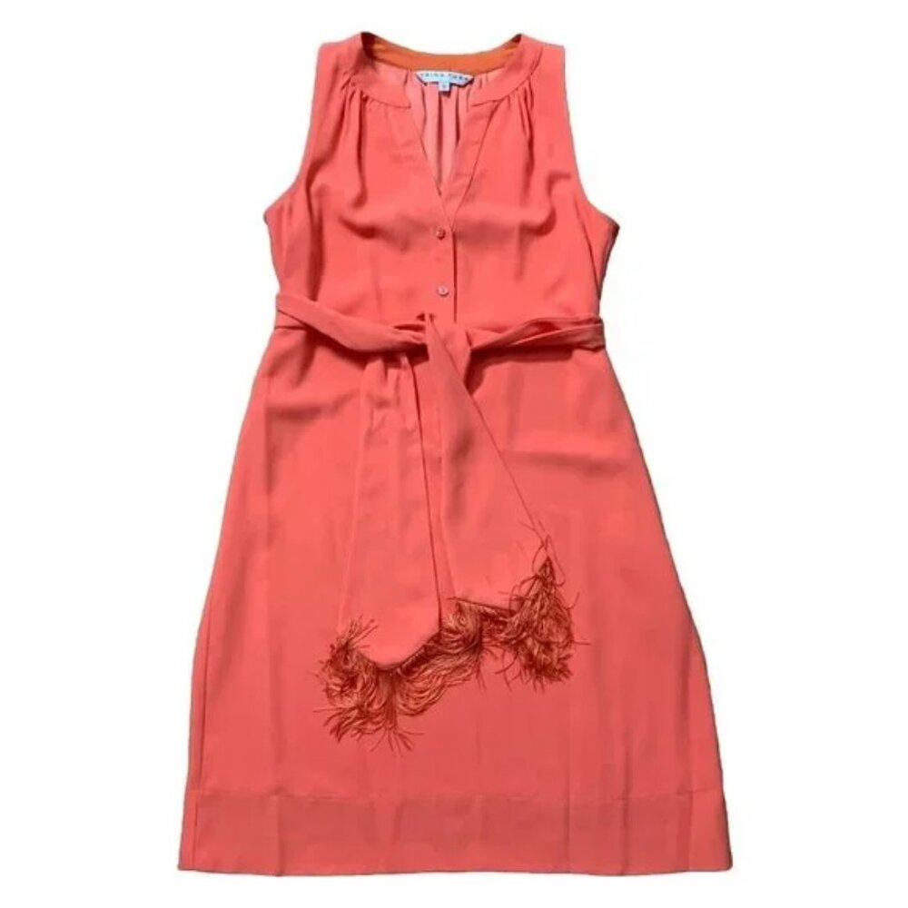 TRINA‎ TURK Coral Orange 1/2 Button Belted Fringe Shift Dress Sleeveless